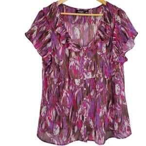Purple Multicolor Ruffled Flowy Cap Sleeve Sheer Career Top 1X